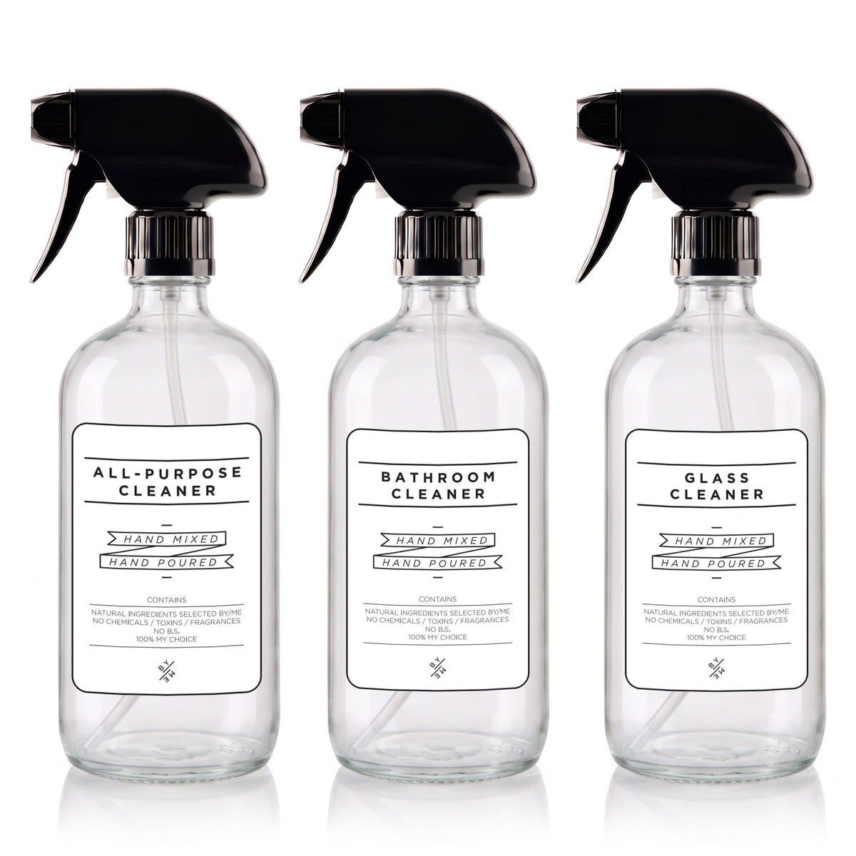 500 ml Clear Glass Spray Bottles (3 Pack Set) with Designer Decals