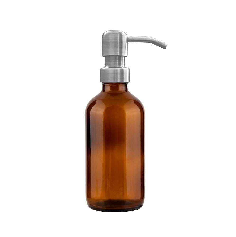 250ml Amber Glass Midi Bottle Dispenser with Brushed Stainless Steel Pump image 0