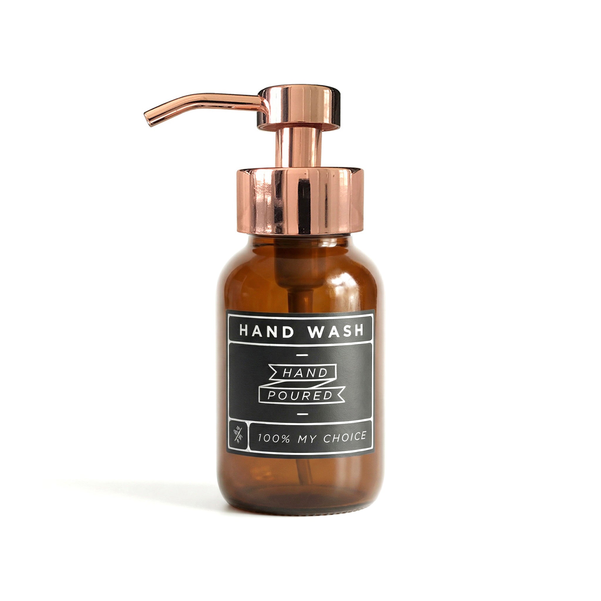 250ml Amber Glass Foaming Soap Dispenser with Rose Gold Pump & Decal
